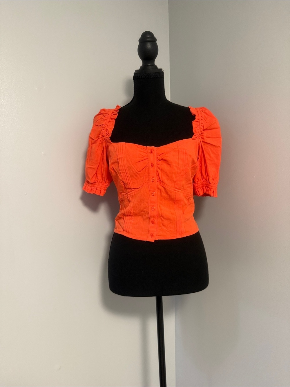 Guess Red-Orange Puff Sleeve Button Front Crop Top